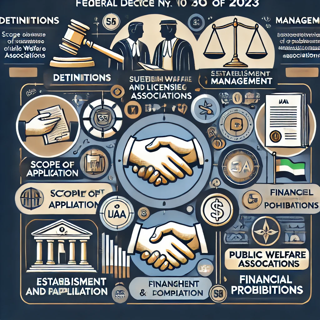 An infographic that visually summarizes the key aspects of UAE’s Federal Decree by Law No. (50) of 2023 concerning the Regulations of Public Welfare Associations. The image includes sections on definitions, scope of application, establishment and licensing, management, financial compliance, and prohibitions, using icons such as a gavel, a handshake for collaboration, a money bag for finances, and a shield for protection. The design is professional, modern, and uses colors like dark blue, white, and gold to reflect the official nature of the law.