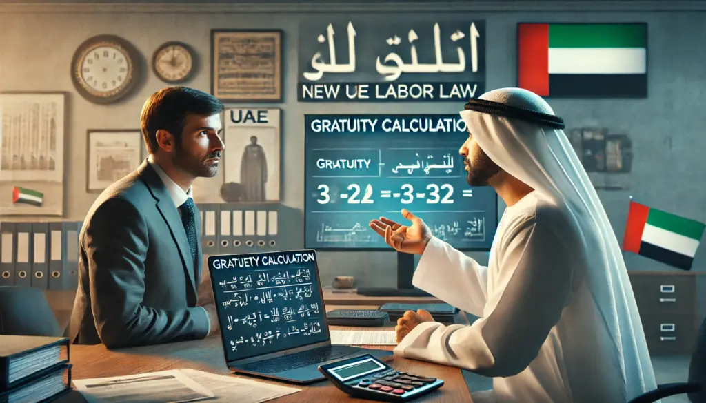 HR manager in UAE explains gratuity calculation with documents and a formula on a laptop screen.