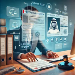 A scene showing a person sitting at a desk, reviewing legal documents related to a personal status case in the UAE. The background includes a digital court system interface on a computer screen and folders of evidence. The individual looks focused, symbolizing the process of submitting or reviewing evidence for an appeal. Elements like a gavel and legal books are visible in the scene, representing the legal process.