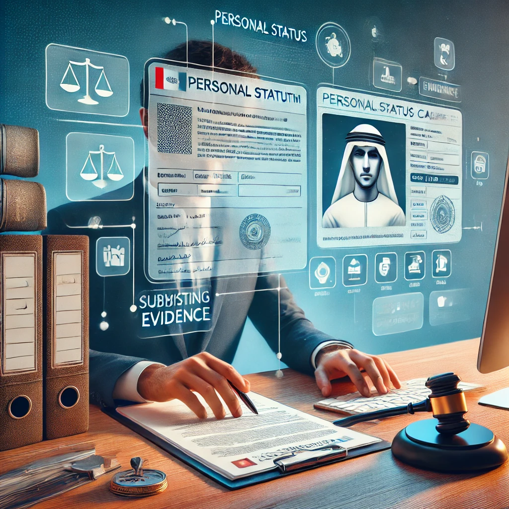A scene showing a person sitting at a desk, reviewing legal documents related to a personal status case in the UAE. The background includes a digital court system interface on a computer screen and folders of evidence. The individual looks focused, symbolizing the process of submitting or reviewing evidence for an appeal. Elements like a gavel and legal books are visible in the scene, representing the legal process.