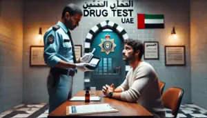 UAE police officer holds a drug test kit, confronting a defiant man refusing to comply in interrogation.