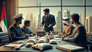 Dubai officers presenting confiscated narcotics and explaining drug laws, with the city skyline visible