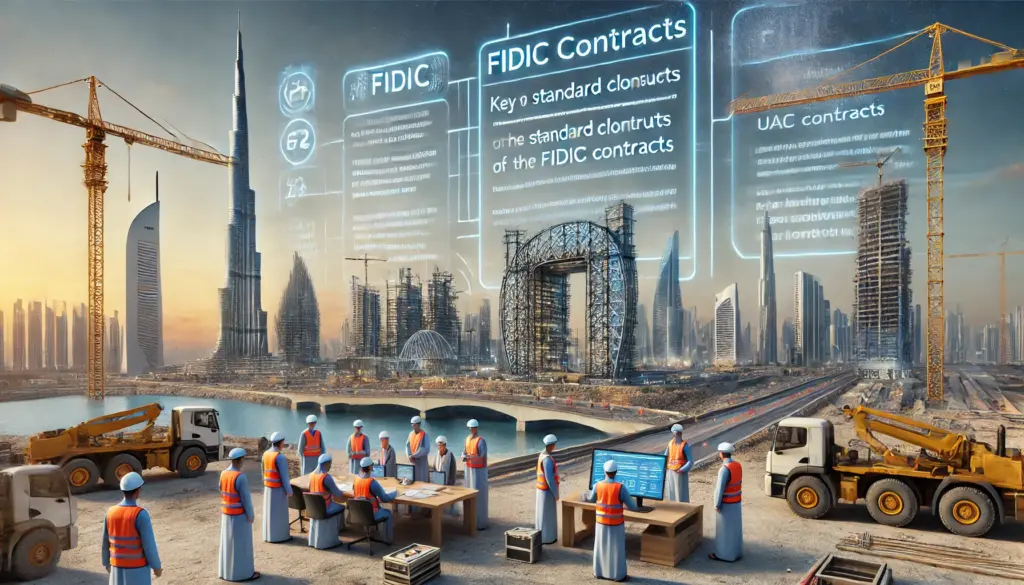 UAE construction site with experts reviewing FIDIC contracts