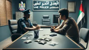 UAE police officer questioning a person about drug possession, with evidence of narcotics on the table.