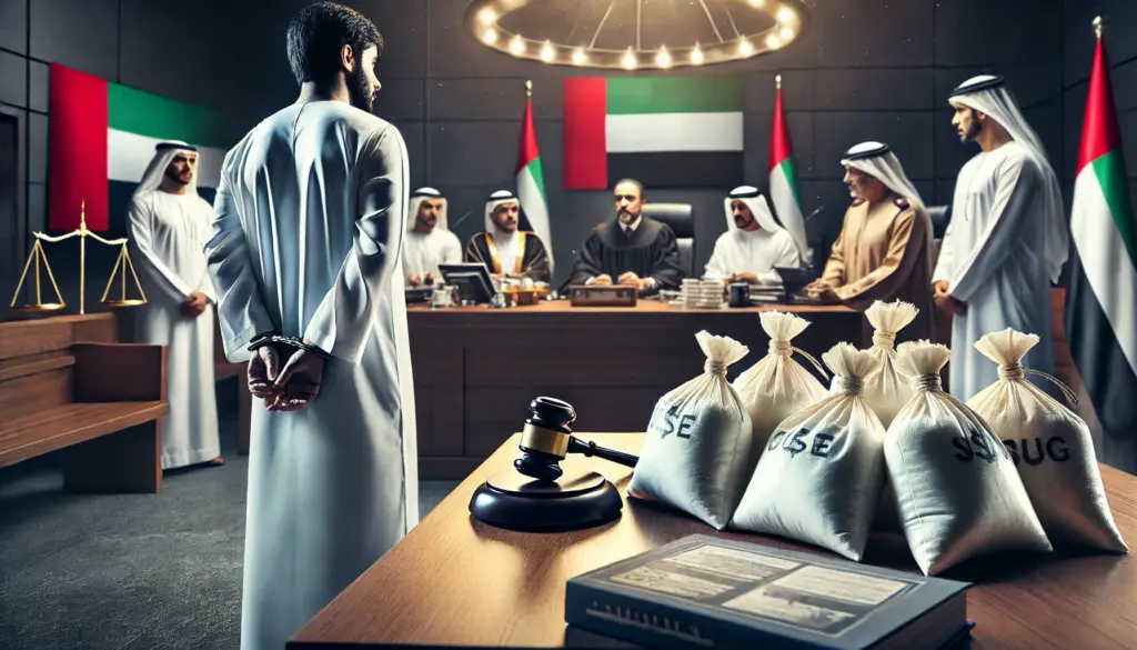 UAE courtroom with a defendant in handcuffs, evidence bags of narcotics, and a judge delivering a verdict.