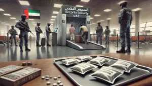 UAE airport officers inspect luggage, detaining a man over narcotic substances in strict enforcement.