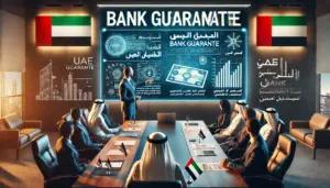 UAE corporate meeting with a professional explaining bank guarantees, a projector screen, and financial documents visible.
