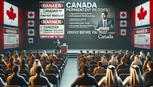 An educational seminar in the UAE explaining Canada's immigration process, warning against fraudulent PR claims.