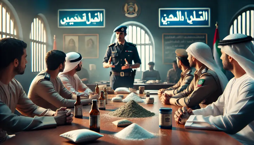 UAE police station with officers displaying confiscated narcotics and explaining penalties for possession and use.
