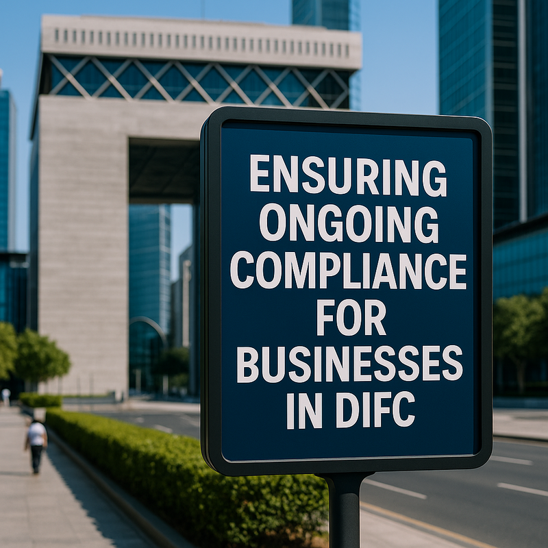 DIFC Skyline with compliance checklist and legal documents overlay