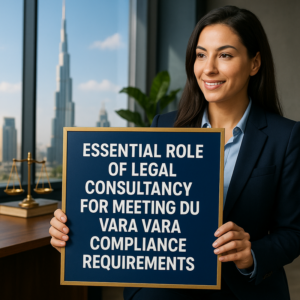 Legal consultant reviews documents for Dubai VARA compliance in a modern office