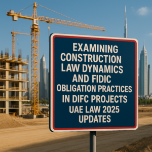 Construction site in DIFC with legal documents and FIDIC contract books