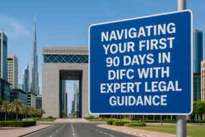 Legal consultant reviews DIFC compliance documents with business team in Dubai office