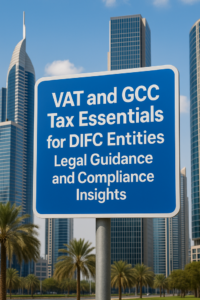 Illustration of UAE DIFC skyline with VAT compliance and GCC tax symbols.