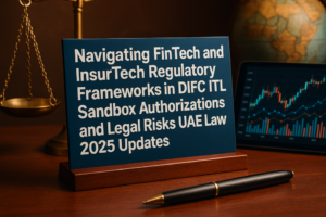 Aerial view of DIFC with digital icons representing FinTech and InsurTech regulation compliance