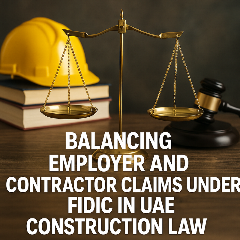 Visual illustration of UAE construction contract claims balancing employer and contractor interests