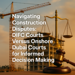 Dubai skyline with DIFC and traditional courts symbolizing construction dispute forums