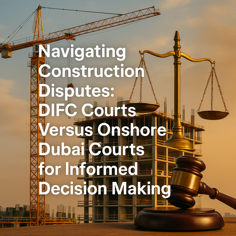 Dubai skyline with DIFC and traditional courts symbolizing construction dispute forums