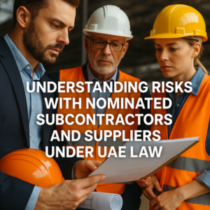 Construction project team reviewing contracts with nominated subcontractors in UAE