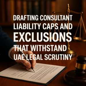 Legal consultant reviewing contract clauses on liability caps and exclusions in a UAE office.