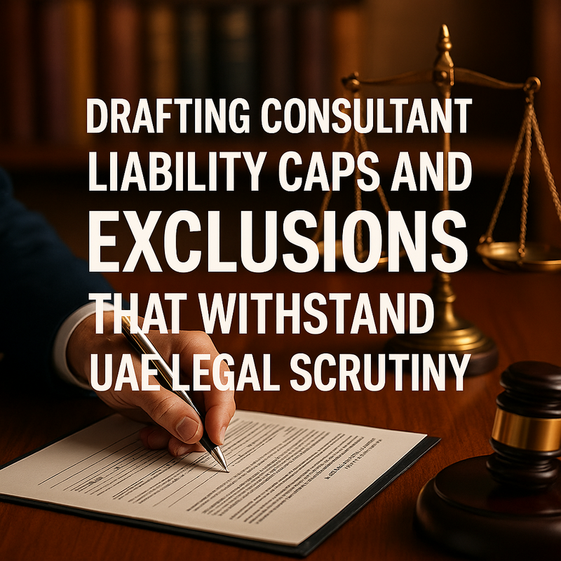 Legal consultant reviewing contract clauses on liability caps and exclusions in a UAE office.