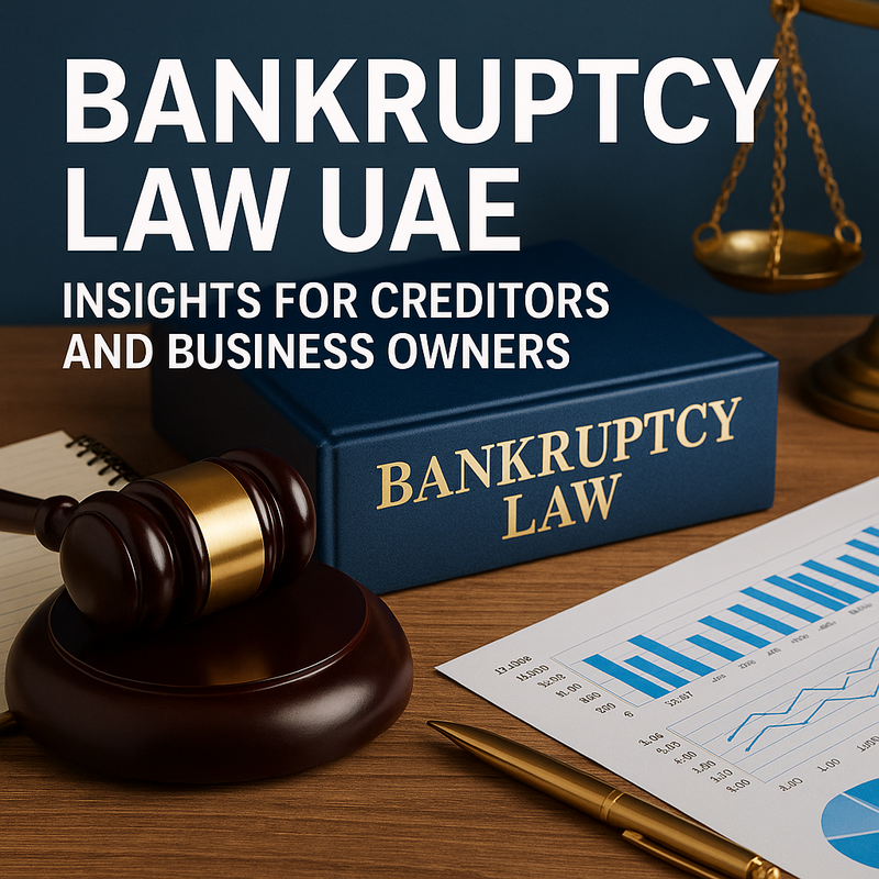 Illustration of business stakeholders navigating UAE bankruptcy procedures with legal documents