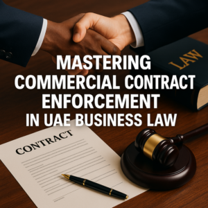 Business professionals reviewing a commercial contract in a UAE legal office
