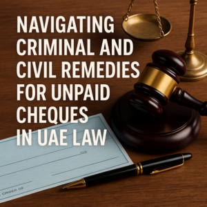 Infographic compares UAE criminal and civil remedies for unpaid cheques, showing old law and 2025 updates.