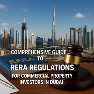 Modern Dubai commercial skyscrapers with legal compliance icons overlay