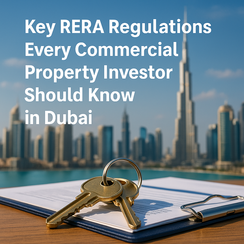 Aerial view of Dubai commercial property skyline with legal icons overlay