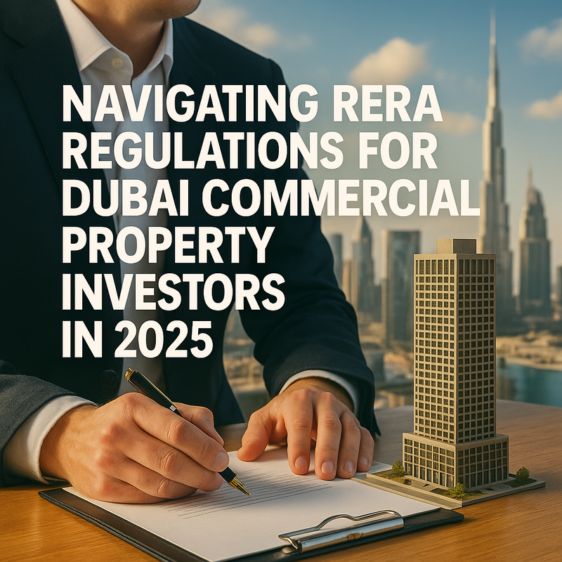 Commercial property skyline in Dubai with regulatory icons representing RERA compliance steps