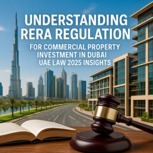 Dubai skyline with modern commercial buildings and legal icons symbolizing RERA compliance.