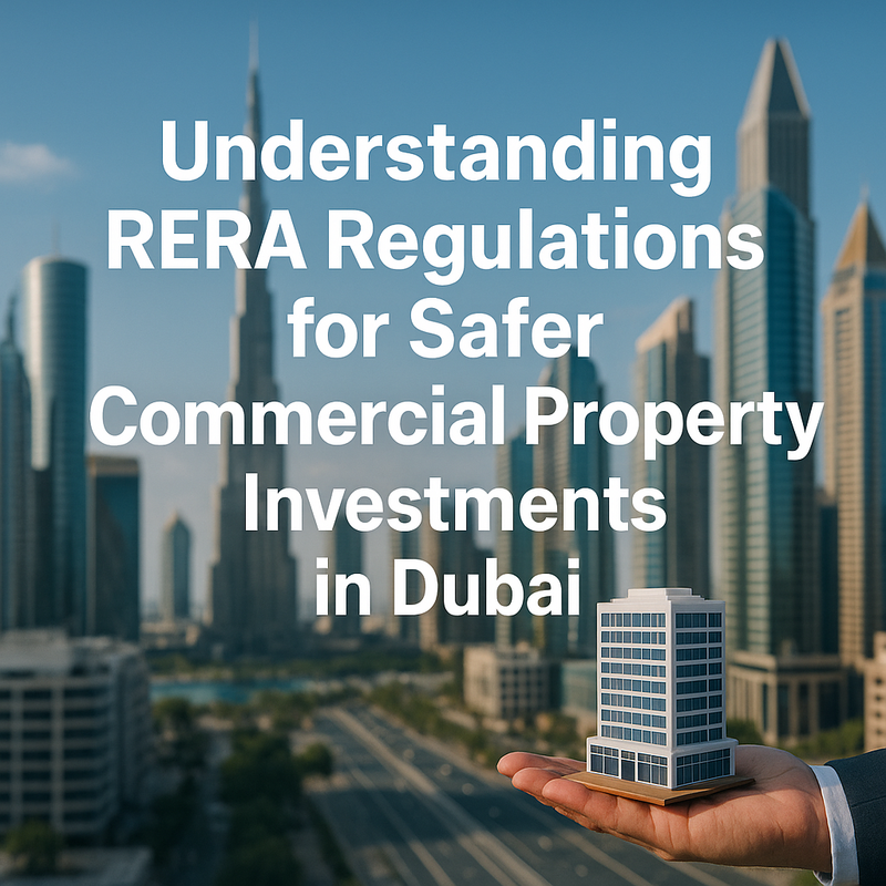 RERA compliance overview for Dubai commercial real estate investors, digital registration and escrow process visualized.