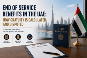 End of service benefits in the UAE guide showing Dubai skyline, UAE flag, UAE Labour Law book, final settlement document, gratuity calculation icons, and employee rights visuals.