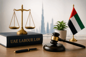 UAE labour law legal concept with scales of justice and Dubai skyline