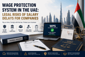 Wage Protection System in the UAE guide showing Dubai skyline, WPS salary transfer screen, payroll records, employment contract, UAE Labour Law book, UAE flag, and legal compliance icons.
