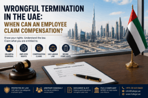 Wrongful termination in the UAE legal guide showing Dubai skyline, UAE flag, employment contract, court gavel, employee rights icons, and compensation claim information.